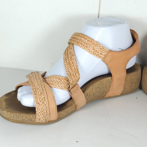 Taos Women’s Trulie US9-9,5 Cantaloupe Leather Woven Cork Wedge Strappy Sandals - Picture 7 of 16